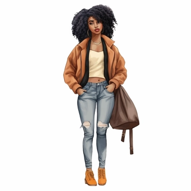 Black girl with old school fashion clothes, watercolor style, clipart solid white background
