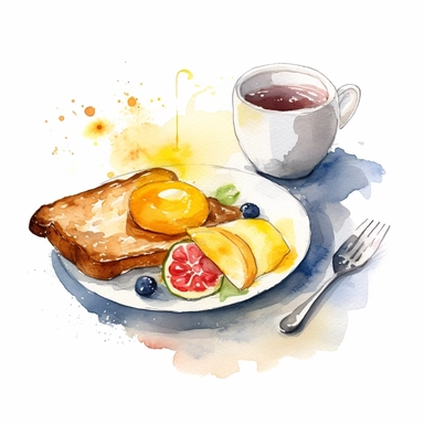 one breakfast time watercolor clip art on a white background, in the style of fine detailed, iconic, weathercore, broad palette knife marks, intense, no watermark, text, words, paintbrush, typography, the images do not stick together