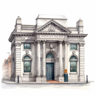 Isolated images, illustrations on a white background, facing front, elevation view, GPO An Post, General Post Office Dublin Ireland, Clipart, watercolor, realistic, isolated, full building, highly detailed, hdr, 32K, photo expert quality, watercolor realistic, hyperrealistic and highly detailed, isolated on a white background