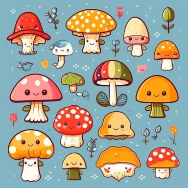 Create a Kawaii-inspired clipart set that celebrates the magic of nature. Design adorable critters like smiling mushrooms, happy clouds, and cuddly flowers. Let the elements be full of life and joy, with vibrant colors and soft, rounded shapes. Add tiny details like rosy cheeks, shiny eyes, and little bows to bring your Kawaii characters to life. Your clipart will transport viewers to a world of cuteness and wonder. Kawaii. White background, soft lighting.