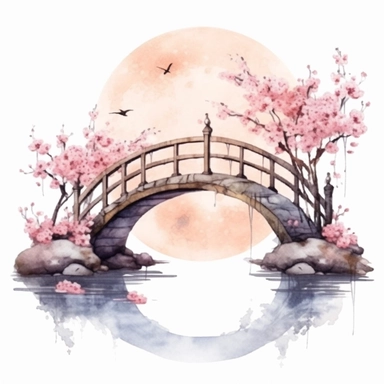 clipart, isolated on white background, Watercolor spring sakura and moon and bridge, ornated, pastel colors