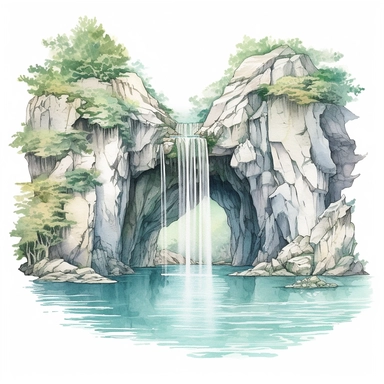 watercolor, hyper realistic, white background, white margins, 16k, ultra detailed clipart, cut out image, hand-drawn a gentle waterfall flowing into the lake, surrounded by rocks and a serene natural landscape. Soft pastel shades inspired by nature, such as pale blue, mint green, lavender, baby pink, and light yellow.