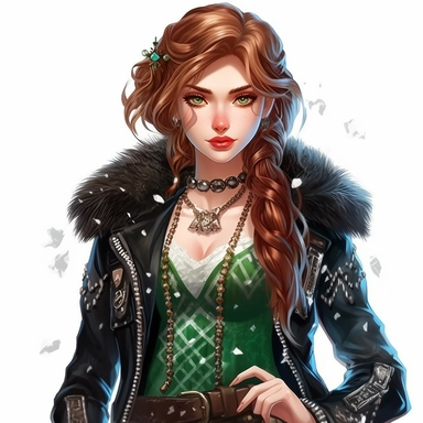 Disney princess Anna long brown rocker hairstyle, leather jacket over a ripped green ballgown, snowflake necklace, skulls, gothic style, rock style, clipart, white background, by Kawacy