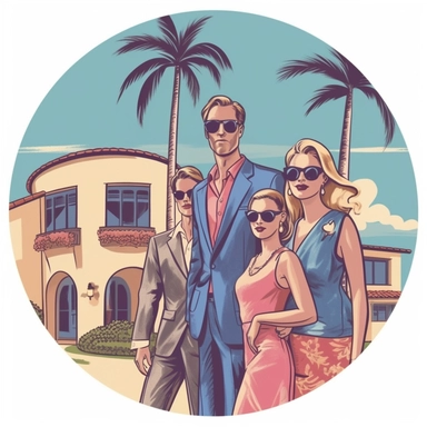 simple clipart of an attractive white couple, both slim, both wearing sunglasses, with their 3 beautiful children, standing in front of a small historic house in Palm Beach, Florida, similar to the iconic image used on the J. Peterman catalog, make the image so it is oval, like an icon type image