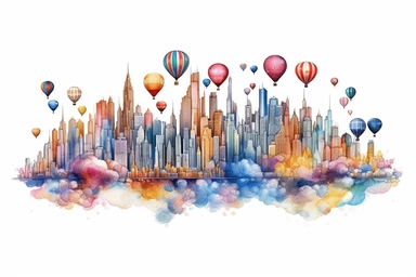 Watercolor, Create a surreal cityscape with skyscrapers made entirely of balloons. clipart, hd, on a white background, spaced out
