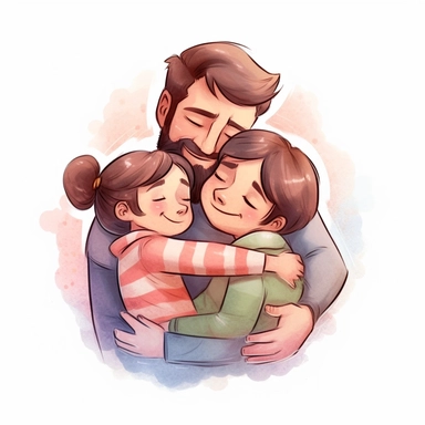 father hugging daughter and boy lovingly, smiling, Watercolor Clipart, HAPPY, strybk, full Illustration, chibi kawaii, sharp focus, watercolor, smooth soft skin, symmetrical, soft lighting, detailed face, concept art, muted colors, watercolor style, strybk, children's style fairy tales, Octane rendering, 3D, Perfect face, detailed face, delicate face, perfect sharp lips, detailed eyes. Craig Davison, Aubrey Beardsley, Conrad Roset, Aikut Aidogdu, Agnes Cecil, 8k