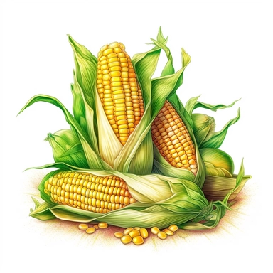 corn on the cob style children's book illustration full color only the cob detailed on a white background clip art