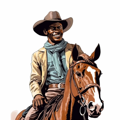 clipart, 1950s handome black man that is a cowboy on horse looking at camera smiling, inspired by the”Lone Ranger” 1950s comic book, white background,