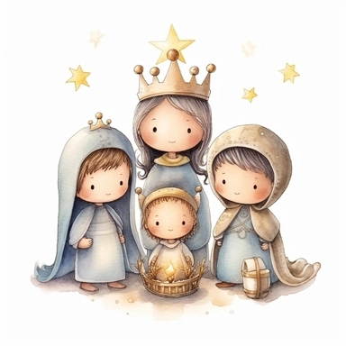 A watercolor painting of a cute nativity, Mary, Joseph, newborn Baby Jesus, 3 wise men and an Angel, nativity scene Christmas, cute detailed digital art, inspired by nicoletta ceccoli, by Kubisi art, whimsical and cute, by nicoletta ceccoli, cute detailed artwork, glimmering, adorable and whimsical, whimsical art, Clipart style, png style, svg style, blank white background, a solid white background