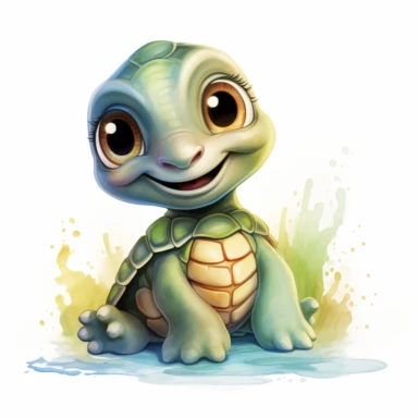 Design a caricature watercolor-style clipart of a delightful baby sea turtle, exaggerating its charming features with a palette of vibrant greens and light blues. Begin with the baby turtle, emphasizing its small yet sturdy shell using various tones of green. Use energetic, broad brushstrokes to illustrate the texture of the shell, allowing the colors to mingle freely to give a sense of depth and charm. Next, focus on the turtle's adorable head and flippers, using a brighter shade of blue to dis