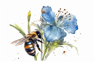 Aquarelle Bumble Bee Clipart on a flax flower, detailed painting, white background, single design, isolated white background, 8k, spaced out