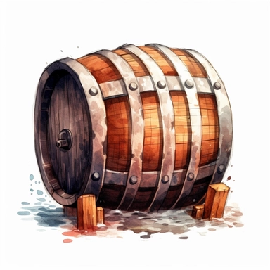 cartoon pirate wooden barrel, illustration clipart, high detailed, white background, digital art, hd, watercolor