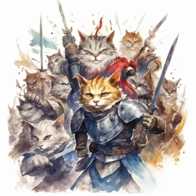 Paint an enchanting watercolor clipart scene showcasing a heroic cat-knight leading an army of feline warriors, each stroke of the brush capturing the courage and determination of the champions, as they confront a horde of fierce wolf-like demons. In HD on a white background.