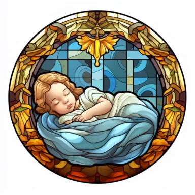 Beautiful Colorful Round Stained Glass Baby Jesus lying in the manger Sublimation Clipart ,Cartoon,hyper realistic, intricate detail, illustration style,high solution,on the white background