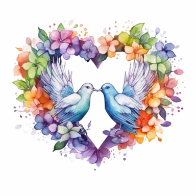rainbow watercolor clipart of wedding doves kissing inside a floral heart wreath, colored ink illustration, good composition, vector, contour, isolated white background, 26k