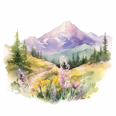 watercolor of a gorgeous spring mountain in shades of soft pastel pink, fresh green, sunny yellow, and delicate lavender, png clipart, on white background