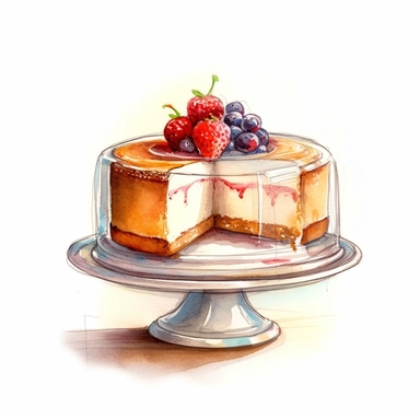 watercolor, hand drawn cheesecake in a bakery case clipart, hd, white background, spaced out--ar 3:2