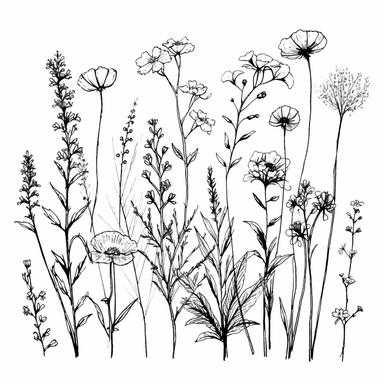 Wildflowers, Flower Meadow , Flower Border, Minimalist Flower Bouquet, Wildflower Clipart hand drawn sketch of wildflower meadow drawings boho minimalist style 4
