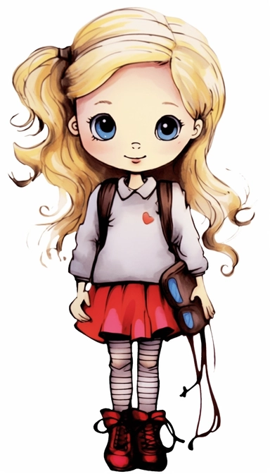 a little girl doll style, drawing with thin black contour lines, sneaker, ribbons, blond hair, cartoon character, clipart, big eyes, disney, sarah kay,