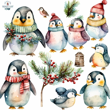 Christmas Penguins, watercolor clipart, isolated white background