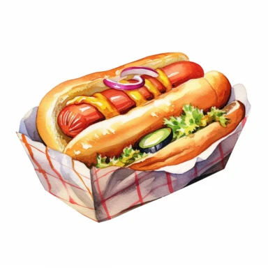 a single clipart image png graphic of a Realistic Vibrant Painting Watercolor Clipart Cute Lunch hotdog in paper box PNG Illustration