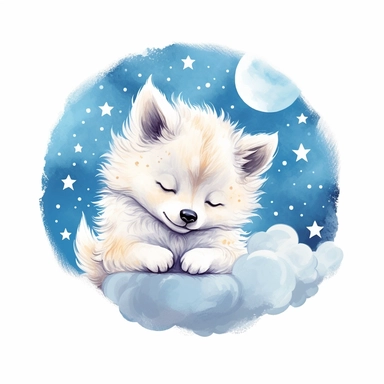 Cute wolf illustration, realistic adorable wolf sleeping on a soft moon surrounded by stars, sleepy happy clipart, nursery style clipart, Nursery Animals Art, Kids Wall Art, Kids Room Decor, Baby Room Decor, isolated on white, ultra - detailed, high quality, ghibli style, award winning