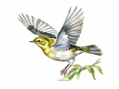 Wood warbler flying Watercolor isolated on white background, Watercolor Clipart painting, high quality, HD, children's book illustrations, realistic lifelike figures, white background