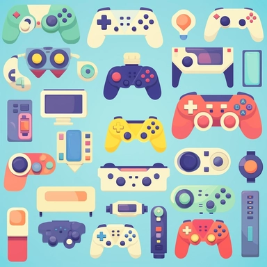 Gamepads vector clipart, vector cute collection, in the style of# screenshotsaturday, light blue soft pastel background, flat areas of color, flat color blocks, 1970–present, rough - edged 2d animation, lightbox, colorful animation stills, high quality clipart, front view