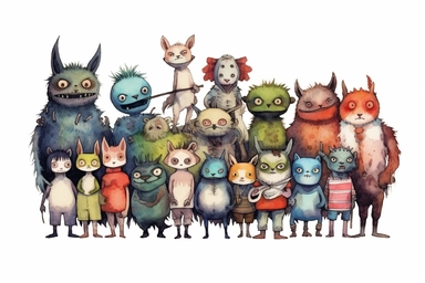 character sheet clipart on white background horror cute cartoon style,,,,,watercolor illustration by Hayao Miyazaki and Ghibli,