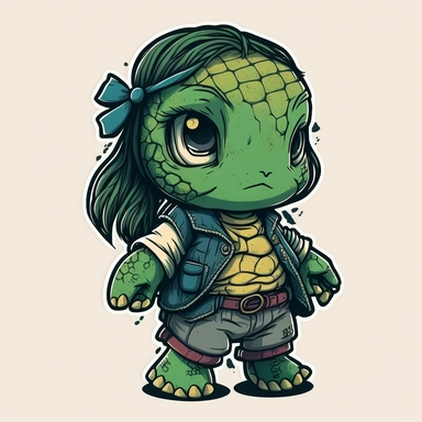 small cute anthropomorphic Chibi turtle animal, dressed like a woman, wearing jeans and t-shirt, clipart, in sticker style, in comics style, cell shading