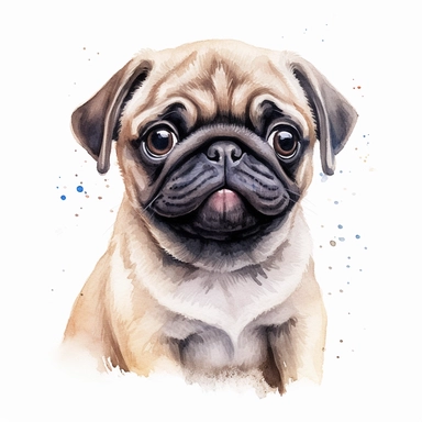Cute Pug dog portrait, full face, centered shot, side shot, dynamically posed, in action, playful mood, happy mood, playing mood, cute face, adorable smile, childlike eyes, clean watercolor illustration, white background, nursery baby imagery, painting, detailed, 8k, PNG, clipart