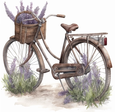 DESIGN A MAGNIFICENT AND EXQUISITE BREATHTAKING ONE-OF-A-KIND HIGH QUALITY HIGHLY DETAILED MASTERPIECE WATERCOLOR CLIPART ILLUSTRATION OF A lavender bike with lavender in the basket, in the style of use of vintage imagery, monochromatic scheme, angela barrett, steve hanks, barthel bruyn the younger, dutch and flemish, engineering/construction and design, white background