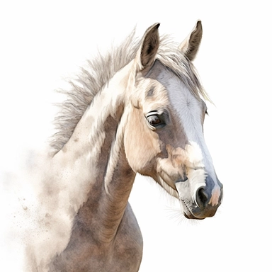 andalusian horse. foal watercolour painting realistic yet stylized, digitally enhanced, clipart, 32k uhd, detailed crosshatching white background