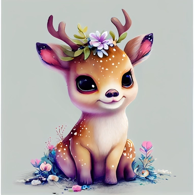 happy baby deer sitting colorful with a big head, big sparkling eyes, flowers on the horns, watercolor Illustration clipart, 4K, extremely detailed