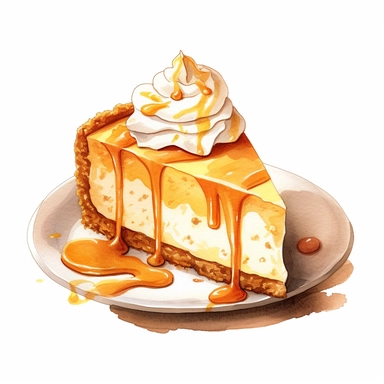 This highly detailed watercolor clipart portrays a delectable pumpkin cheesecake on a pristine white background. The artwork captures the essence of this seasonal dessert with remarkable precision and vibrant colors. The cheesecake is depicted with intricate brushstrokes, showcasing its creamy texture and rich pumpkin flavor. The crust, resembling a blend of graham crackers and spices, is rendered with delicate details. The pumpkin filling, a warm shade of orange, is depicted with depth and dime