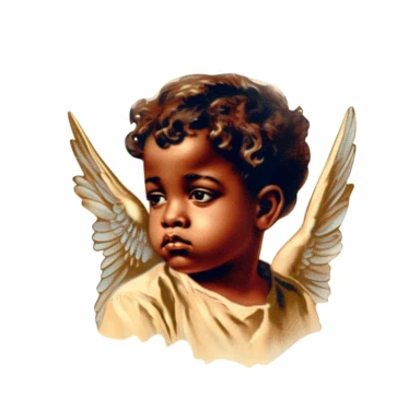 Vintage 1920 Portrait Shot View Of a Sad black child head with Angel Wings Behind it Illustration , in the style of late 19th century, Chromolithograph, 1920s Illustration, Vintage, Chromolithograph, Colorful, Antique, Ephemera, Clipart, 8k, Isolated on white