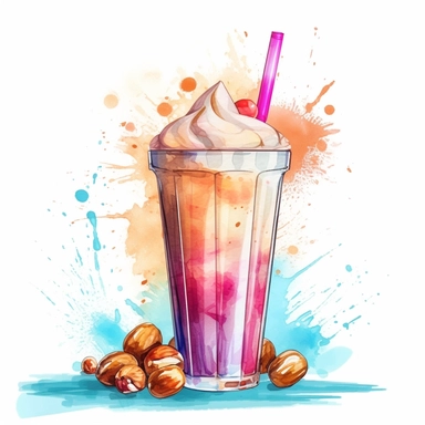 Clipart soft watercolor pastel neon colors without splashed background - hazelnut milkshake glass cup with splitted hazelnut peaces on top - hard contrast - high details - enough space between each item