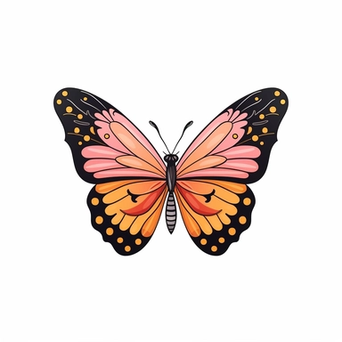 1 simple cute but colorful pink, black and orange cartoon flatlay butterfly clipart on white background