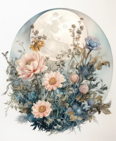 watercolor painting of full moon on white background beautiful multi - headed pale, Flora Design Patterns, Flemish Baroque by Rachel Ruysch, Behance, Rococo, Intricate Detailed, Soft Light Effect, Oil Paint Strokes, Light Academia Aesthetic Flowers, Lighting cinematic, all shown shimmering stamens, tyndall light, light effect, texture, colorful, 8k, fantasy, ray tracing, depth of field, vivid, spectacular lighting, octane rendering, highly detailed, ultra - realistic, white background, clipart