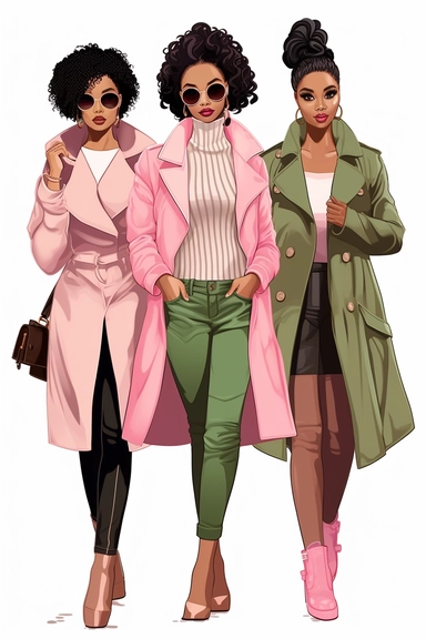 you are the best graphic designer in the world, you have been asked to design clip art for alpha kappa alpha to you in their branding and marketing. The clipart consist of detailed 3 Afroamerican modern, successful, women who only wear pink and green fashionable clothes. their looks and features are crisp and clear, detailed specific, photo realistic illustrations, in the style of bamileke art, realistic and hyper-detailed renderings, 32k uhd, designs, realistic oil portraits, vector, white back
