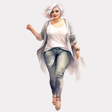 Realistic watercolor full body glamourous fat woman with casual blouse and jeans and heels, beautiful fat woman face with long eyelashes glamourous style, 35 year old lady with grey short hair, clipart, cozy, bright warm colors, 1500x500 pixels,