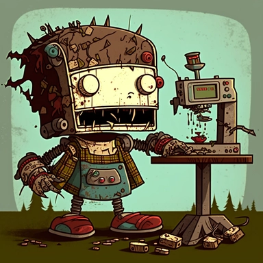garbage pale kids format, pop surrealism digital art image of broken down, old, rusting, cartoonish, humanoid, child robot working as a lumberjack. The robot is wearing tattered, Paul Bunyun style uniform, made of clothing for humans. The robot is in an art style inspired by artists like Tara McPhereson, Nooligan, and Robin Eisenberg. To be used for digital clipart. Use dull, 1970's style, yellow, green, brown color scheme for the robot.