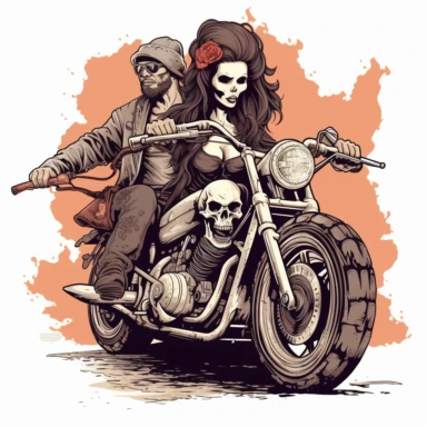 skull headed and skull faced female motorcyclist on a harley looking very tough and hardened white background clipart c 100