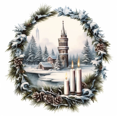 vintage design, advent wreath around, christmas theme oil paining Clipart Collection in beautiful winter landscape, advent wreath around, christmas theme, detailed, isolated, white background, one pattern