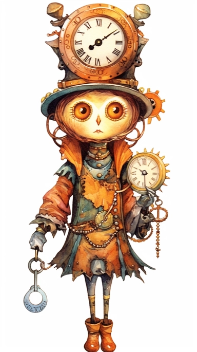 watercolor steampunk owl entire body on a steampunk clock and a cute doll illustration clipart by holly hobbie and mary engelbreit