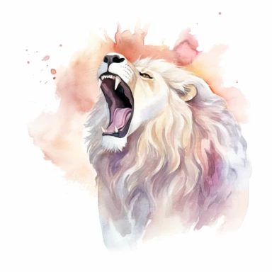 watercolor clipart of roaring white lion, full body shot, cosmos in background, on white background