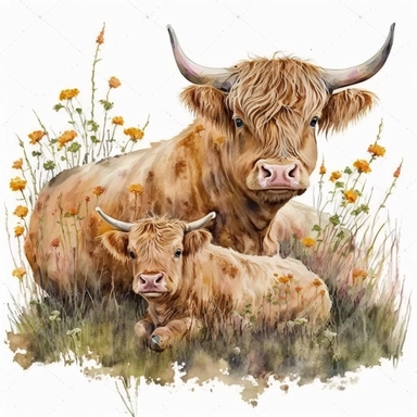 Highland Cow mother and baby sitting in the grass flowers, Clipart, Watercolor, Clipart, Farm Animal, Watercolor, Clipart, Farm Animal, clipart, image only