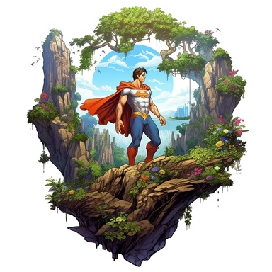 super man, close up, a sticker, artwork of t shirt graphic of majestic forest, in digital painting style , beautiful flowers, sunset mountains and clouds , big vines, stone temple covered in vines, white background, colorful fantasy flower surround, highly detailed clean, vector image, photorealistic masterpiece, professional photography, realistic, flat white background, isometric, vibrant vector, clipart, illustration, realism, 4k, , cinematic, front view, white background, paradise, extremely
