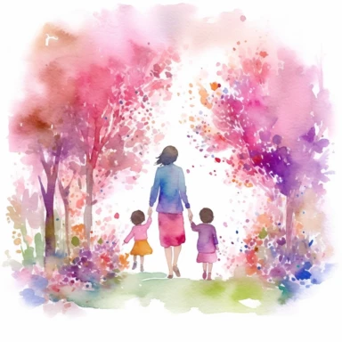 DetailedMother's day clipart featuring a smiling mother and child, holding hands while walking in a garden full of vibrant flowers and blooming trees, capturing the love and warmth between them, Watercolor painting, using soft pastel colors and light brush strokes to create a dreamy effect water color Mother, super cute, solid white background, clipart, motherhood