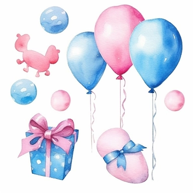 watercolor baby shower cliparts, balloons, blue, pink, boy or girl, white backrounds
